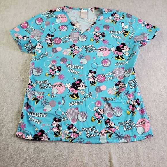 Vtg Disney Scrub Top Womens Small Blue Minnie Mouse Uniform Shirt - Picture 1 of 10